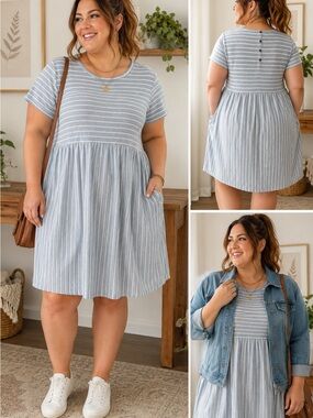 Brand Unknown Light Blue & White Striped Short Sleeve Midi Dress